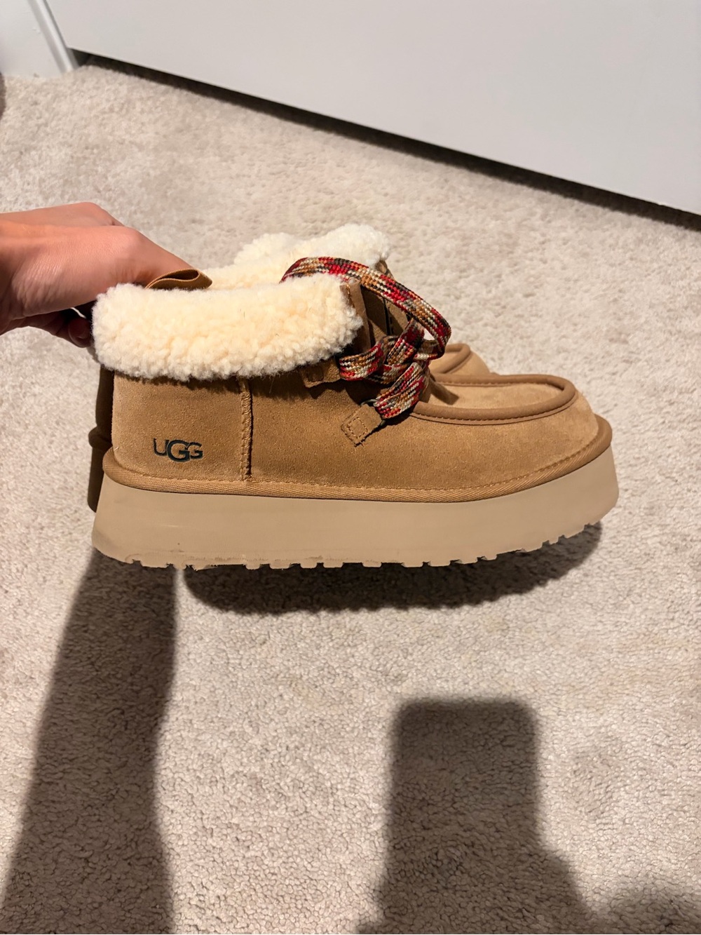 UGG Women Chestnut Suede Shearling-Lined Boot with Plaid Laces